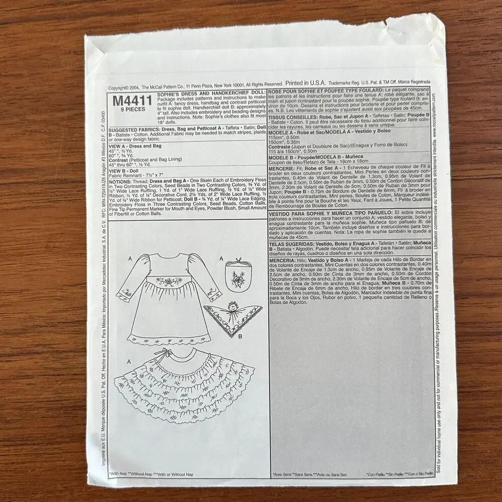 UNCUT McCall's Pattern M4411 Sophie Clothes